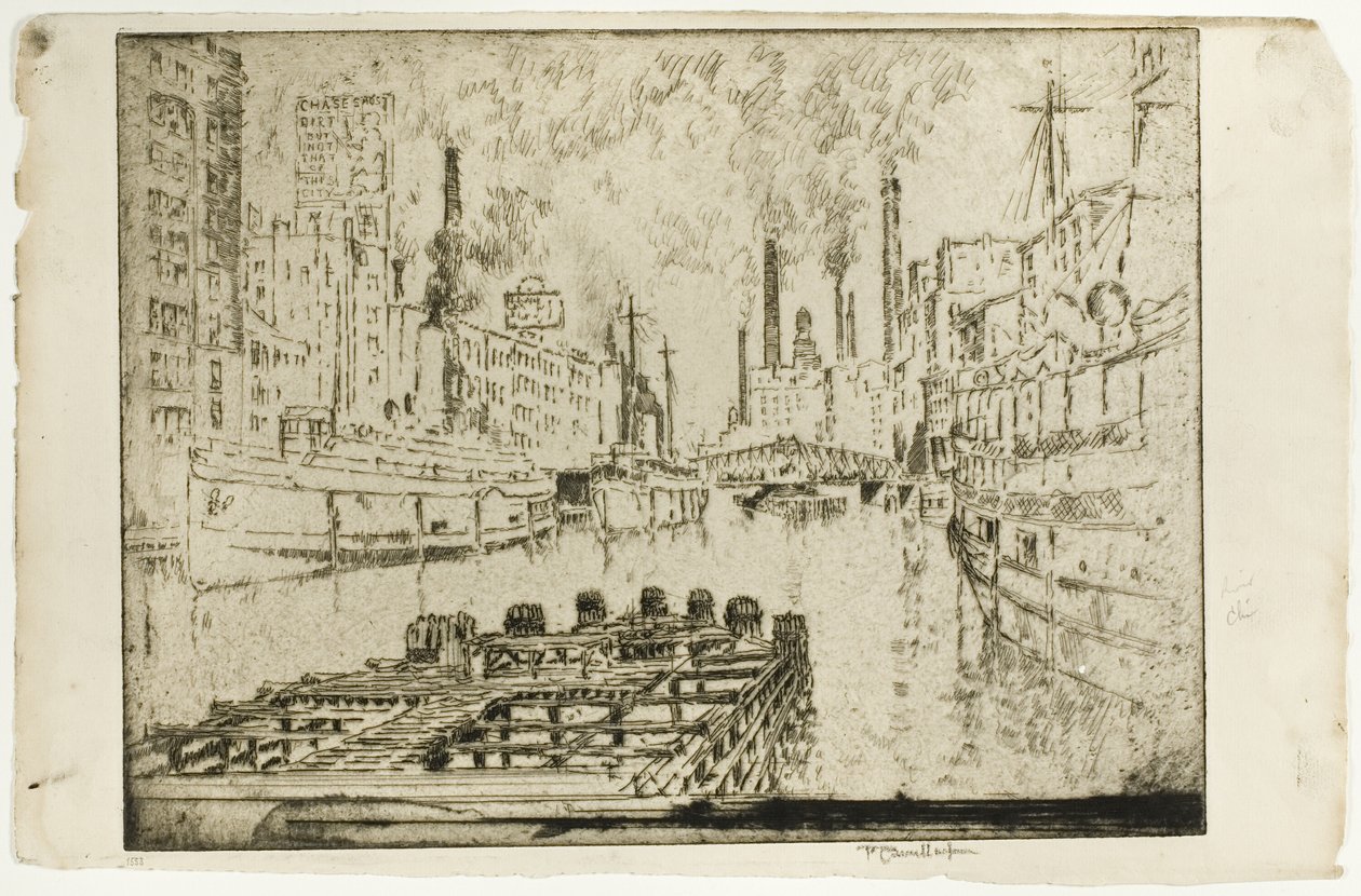 Parowce na jeziorze, Chicago autorstwa Joseph Pennell