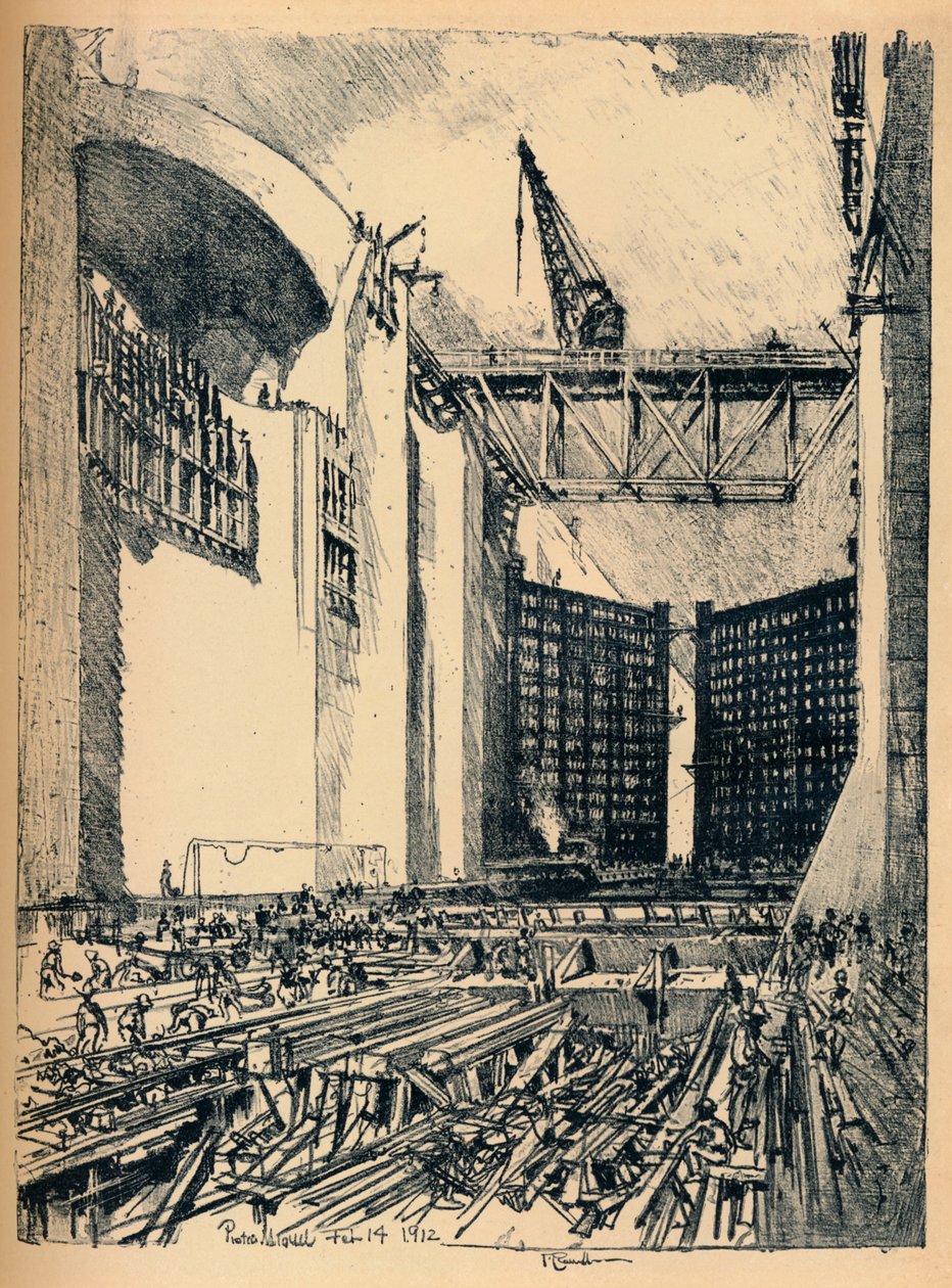 Układanie podłogi w zamku Pedro Miguel, 1912 autorstwa Joseph Pennell