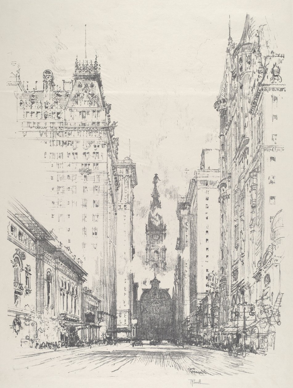 Patrząc w górę Broad Street od Spruce Street autorstwa Joseph Pennell