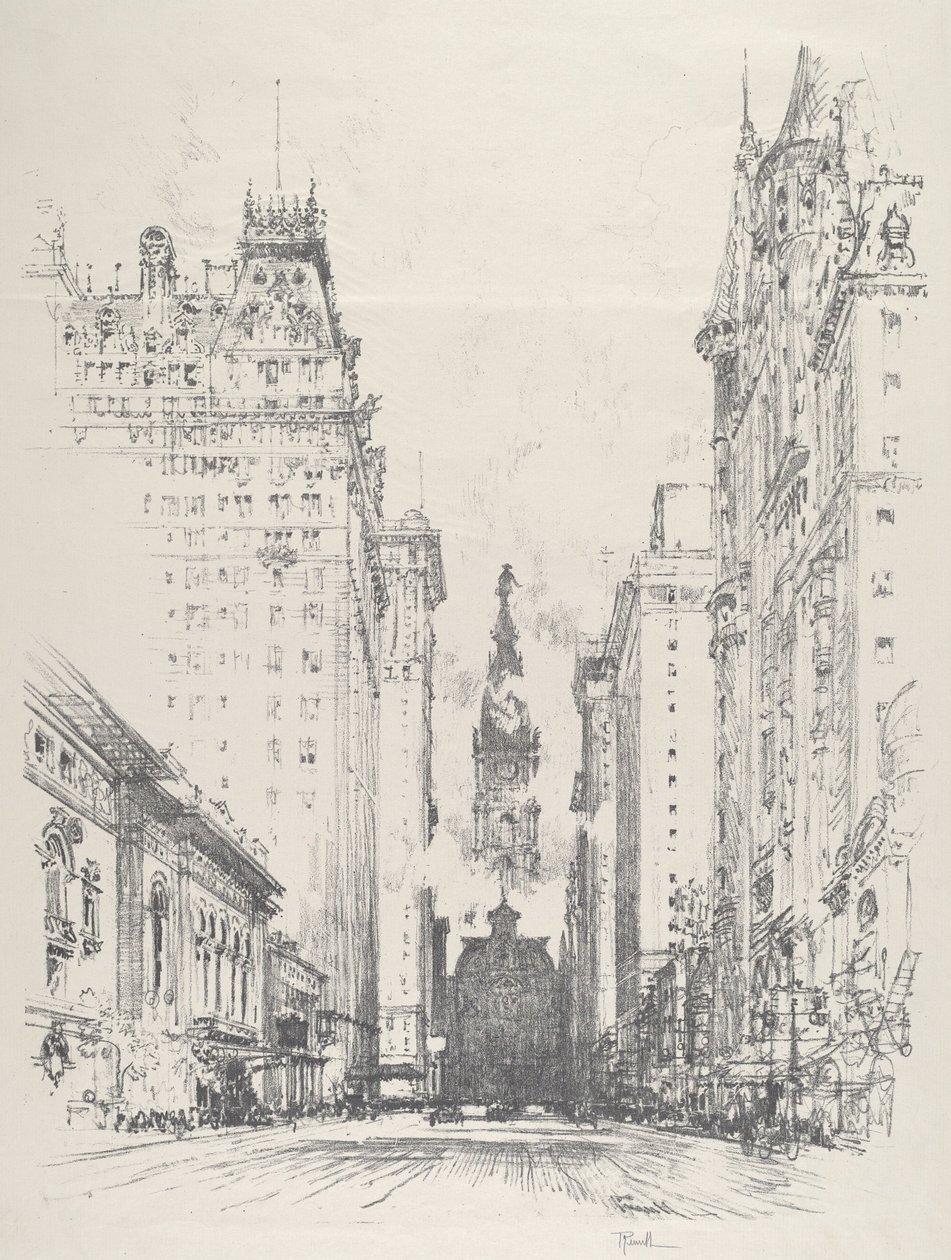 Widok na Broad Street od Spruce Street autorstwa Joseph Pennell