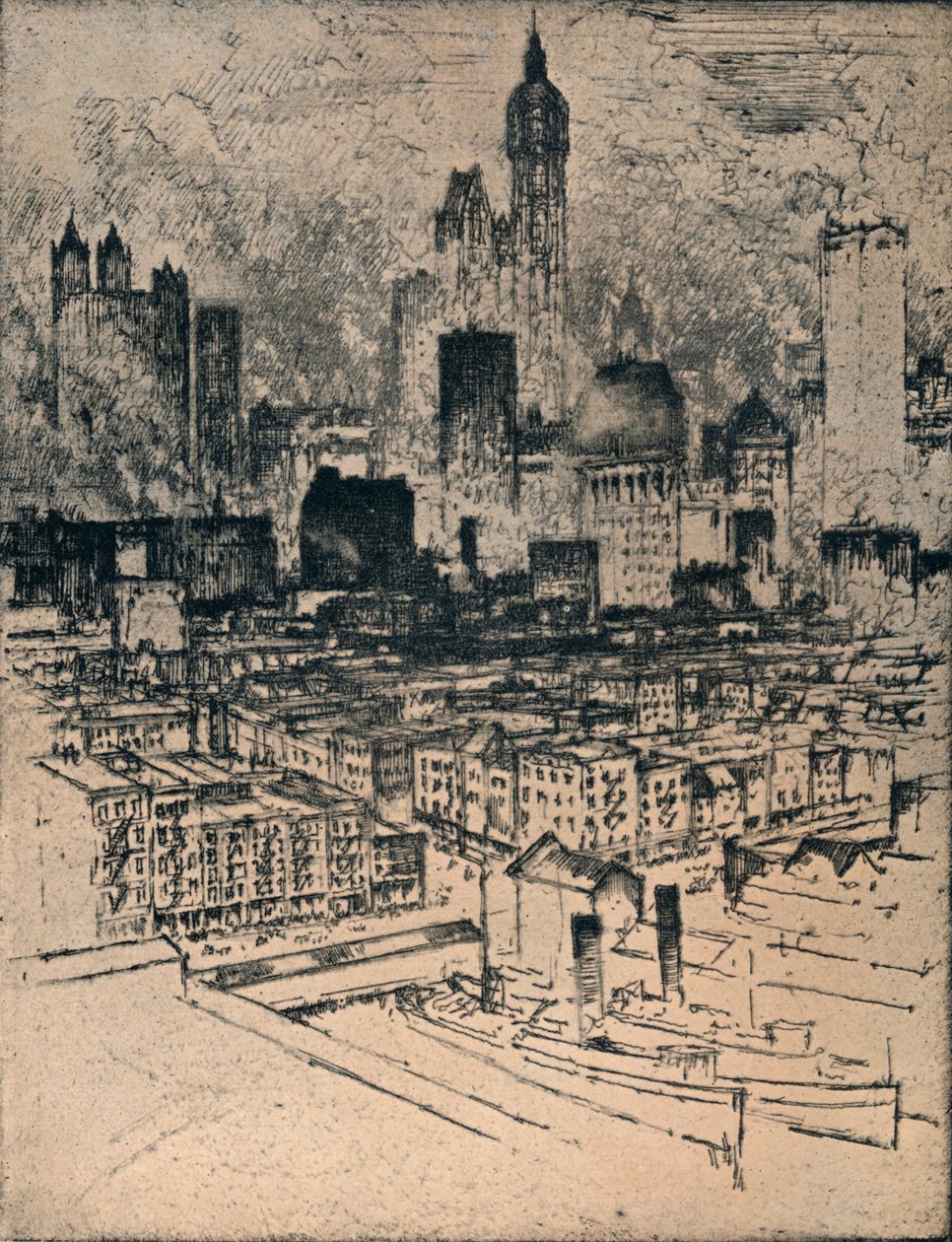 Nowy Jork z Mostu Brooklińskiego, ok. 1908 r. autorstwa Joseph Pennell