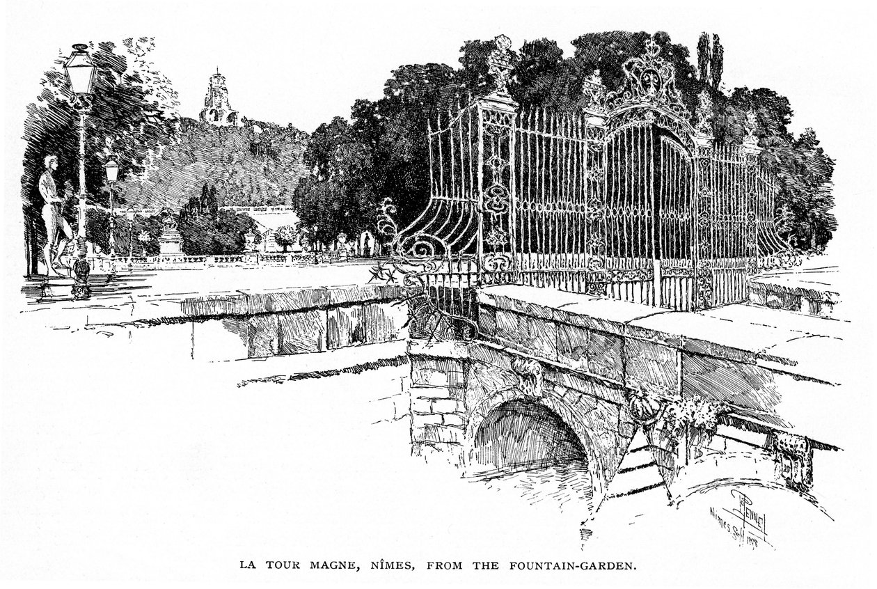Nimes (Gard, Langwedocja): wieża Magne widziana z ogrodu Fontaine w 1888 r. (rycina) autorstwa Joseph Pennell