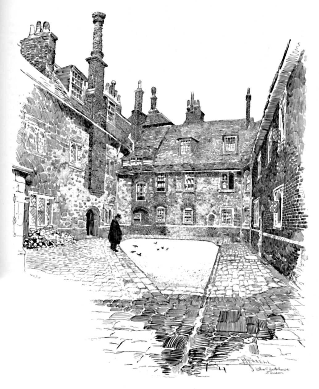 Stary Charterhouse: W Washhouse Court, 1886 autorstwa Joseph Pennell