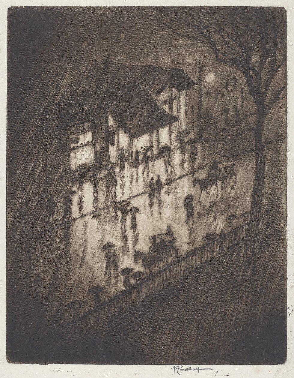 Deszczowa noc, sklepy Charing Cross autorstwa Joseph Pennell