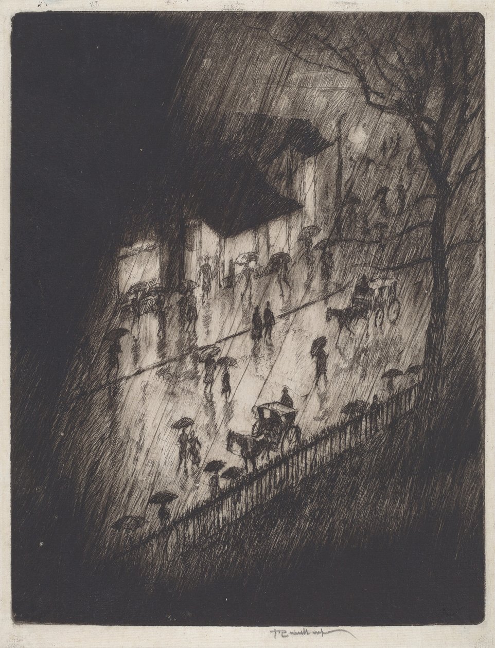 Deszczowa noc, sklepy Charing Cross autorstwa Joseph Pennell