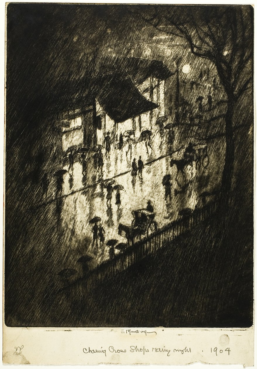 Deszczowa noc, sklepy Charing Cross autorstwa Joseph Pennell