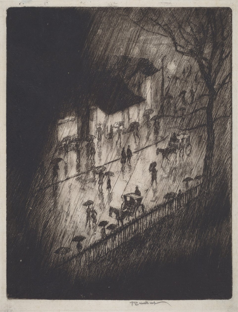 Deszczowa noc, sklepy przy Charing Cross autorstwa Joseph Pennell