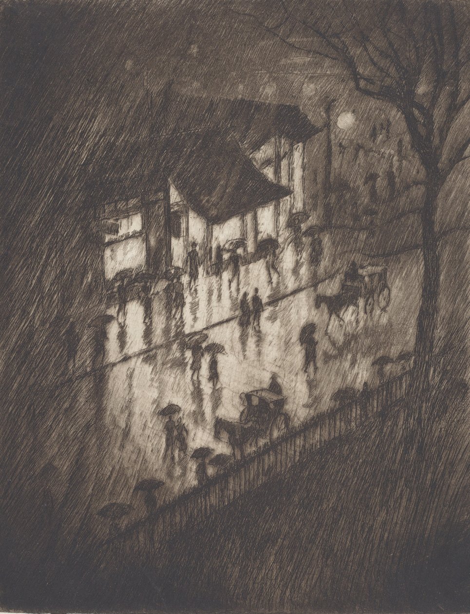 Deszczowa noc, sklepy Charing Cross, 1903. autorstwa Joseph Pennell