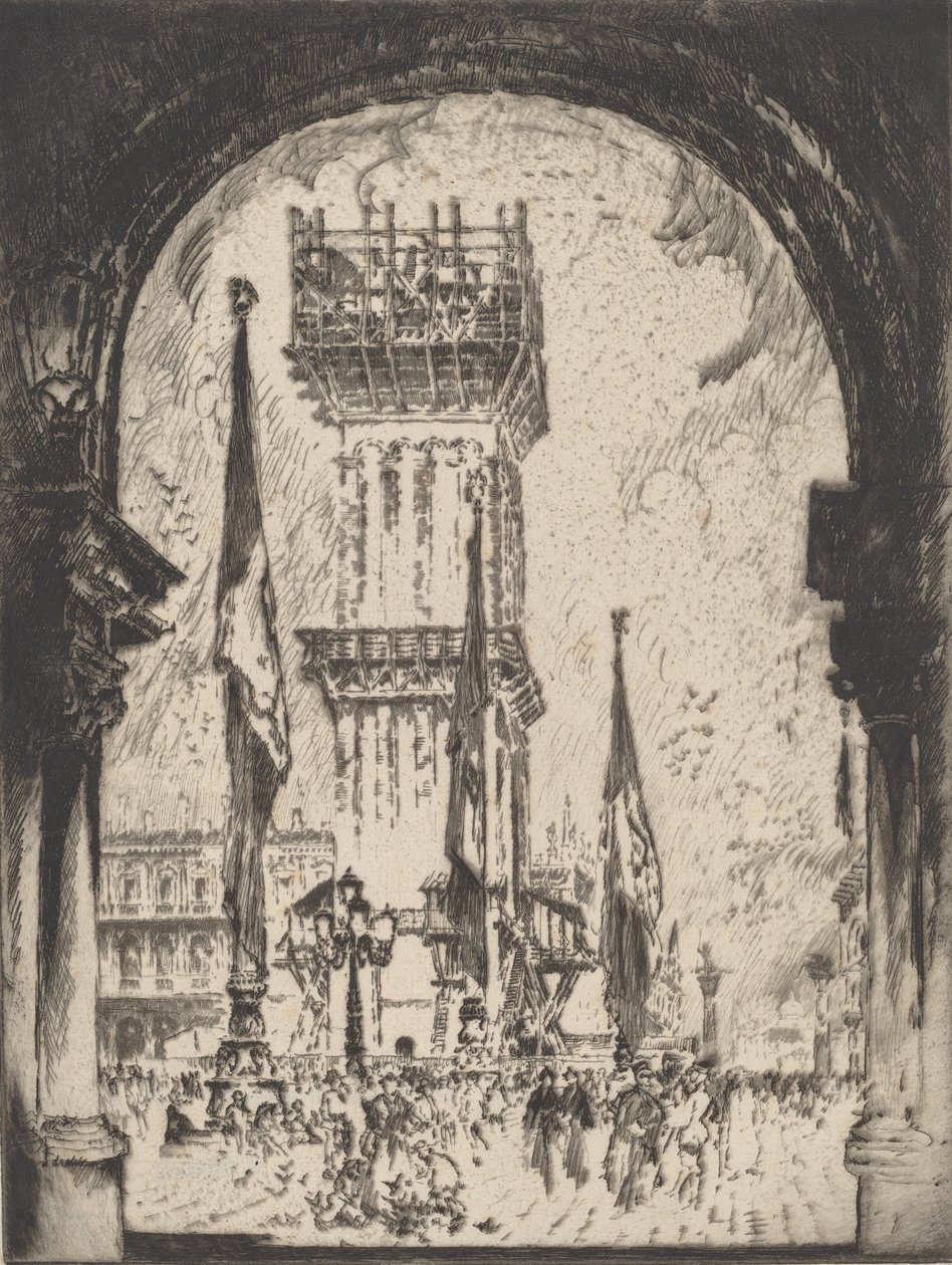Przebudowa Campanile, Wenecja, nr I, 1911. autorstwa Joseph Pennell