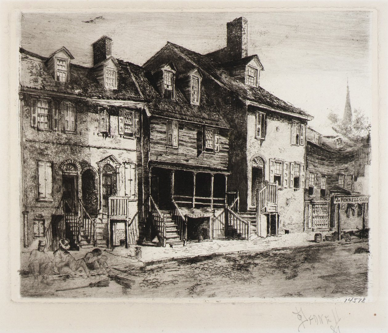 Zamiatacze ulic, stare domy autorstwa Joseph Pennell