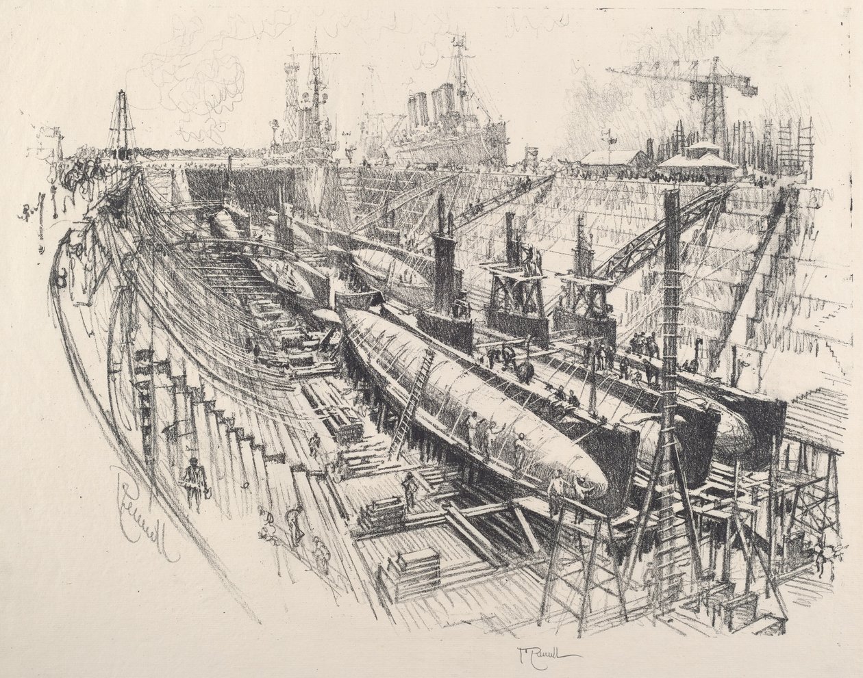 Okręty podwodne w Suchym Doku, 1917. autorstwa Joseph Pennell