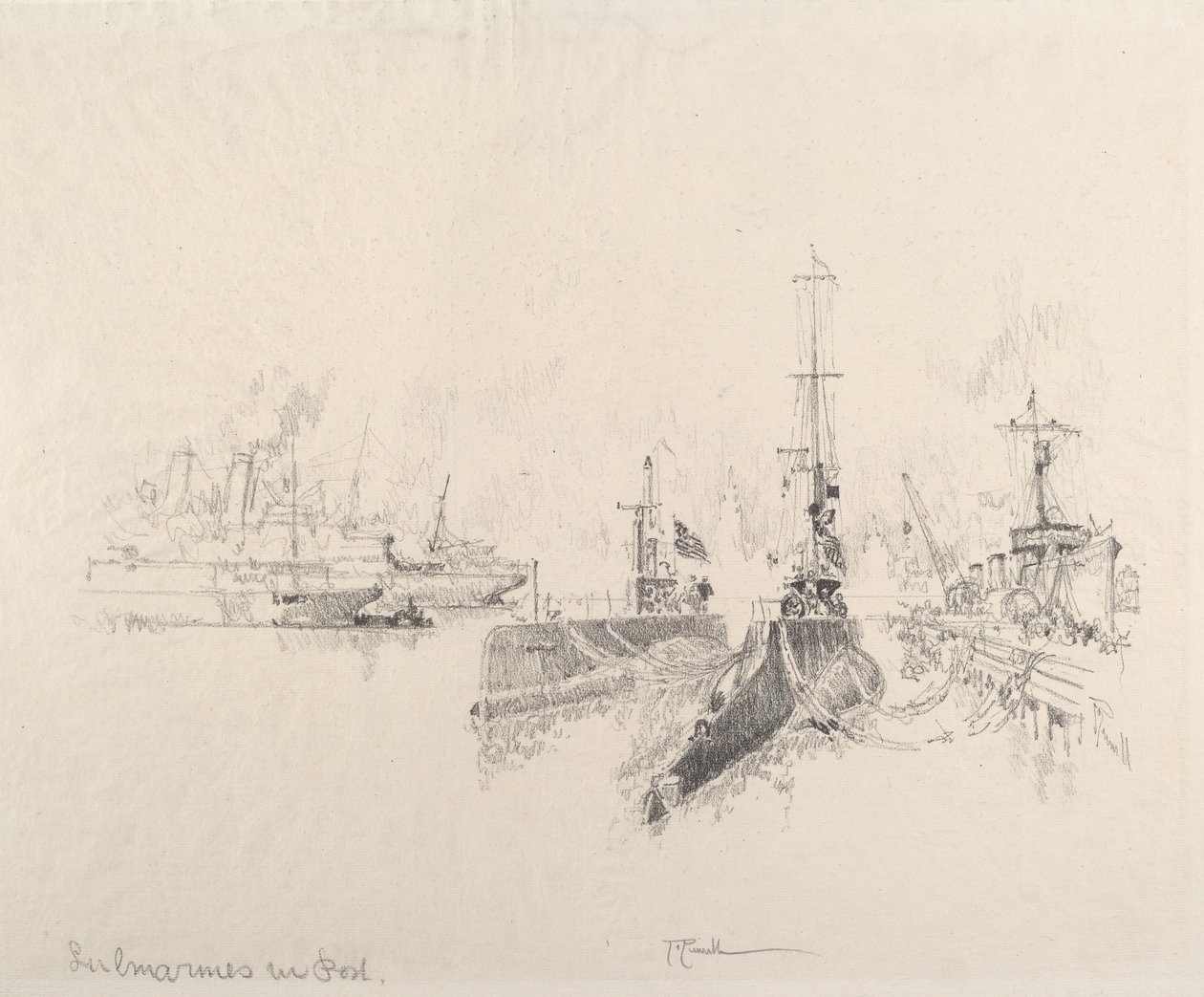 Okręty podwodne w Porcie, 1917. autorstwa Joseph Pennell