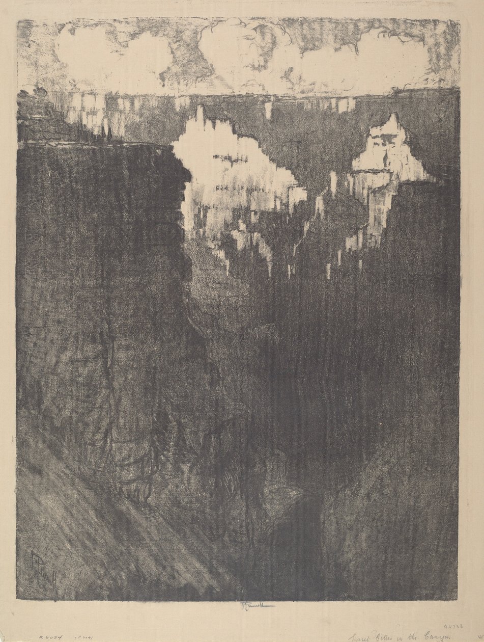 Miasta o zachodzie słońca w kanionie, 1912. autorstwa Joseph Pennell