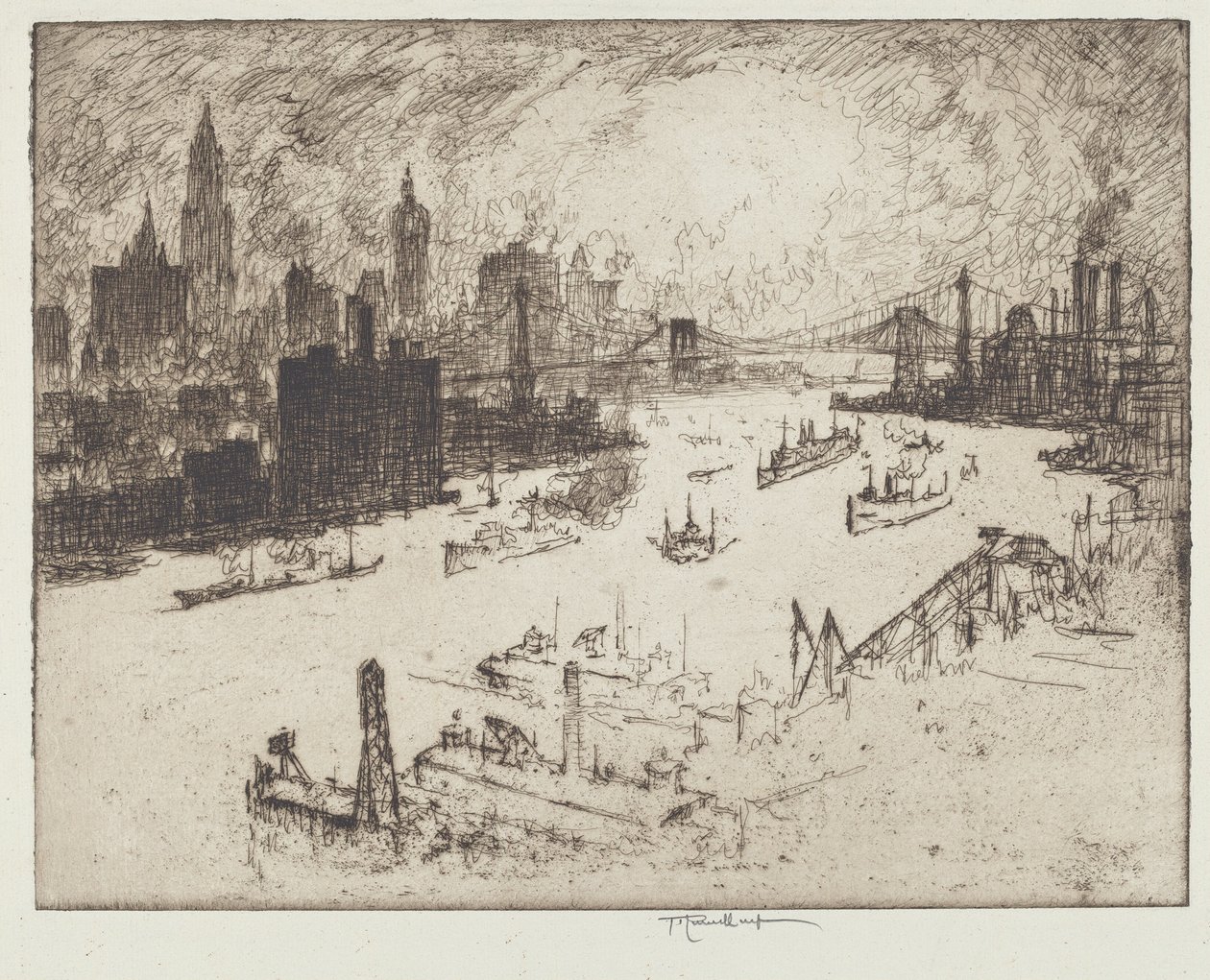 Zachód słońca z mostu Williamsburg autorstwa Joseph Pennell