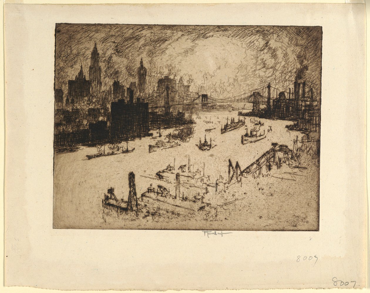 Zachód słońca z mostu Williamsburg autorstwa Joseph Pennell