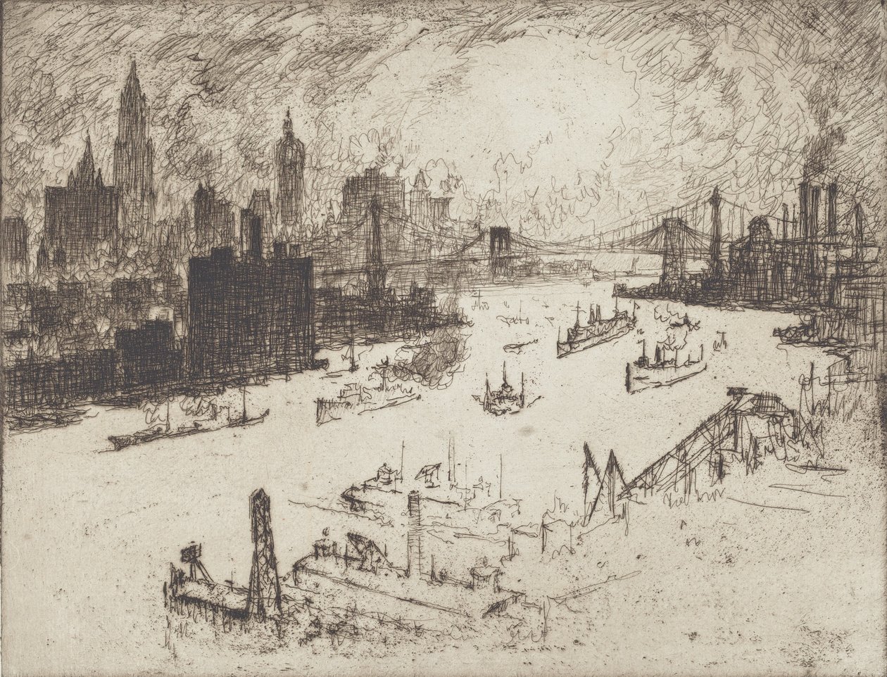 Zachód słońca z mostu Williamsburg, 1915. autorstwa Joseph Pennell
