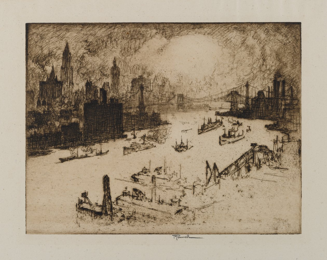 Zachód słońca z mostu Williamsburg, 1915 autorstwa Joseph Pennell