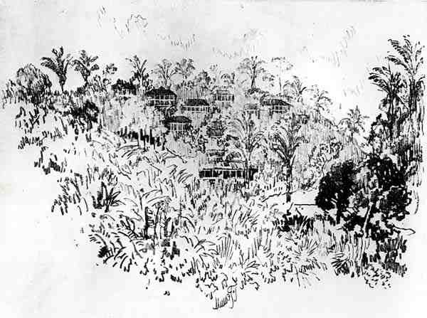 Wioska amerykańska, tablica X z Kanału Panamskiego autorstwa Josepha Pennella, 1912 (węgiel na papierze) autorstwa Joseph Pennell