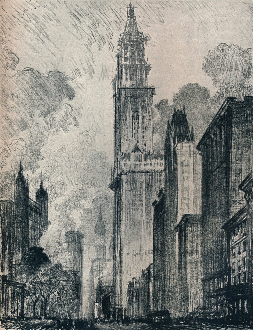 Broadway i Woolworth Building, Nowy Jork, 1912 autorstwa Joseph Pennell