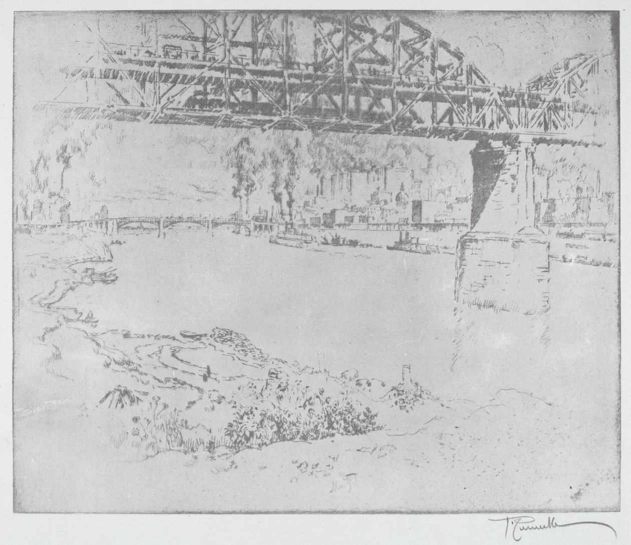 Most miejski w St. Louis [na dole] w roku 1919 lub później. autorstwa Joseph Pennell