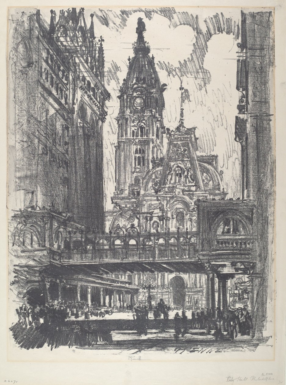 Ratusz i most przez Market Street autorstwa Joseph Pennell