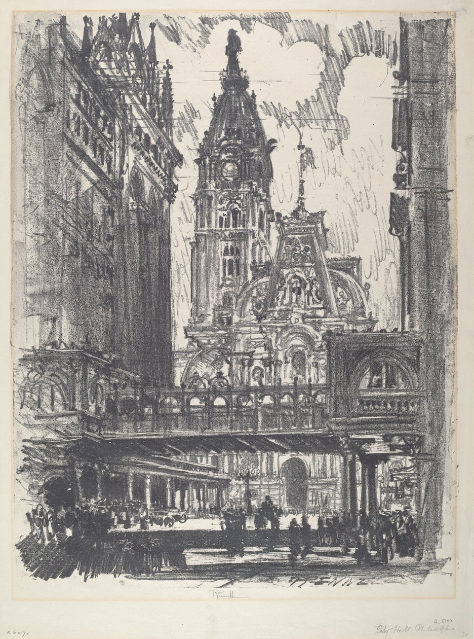 Ratusz i most nad Market Street autorstwa Joseph Pennell