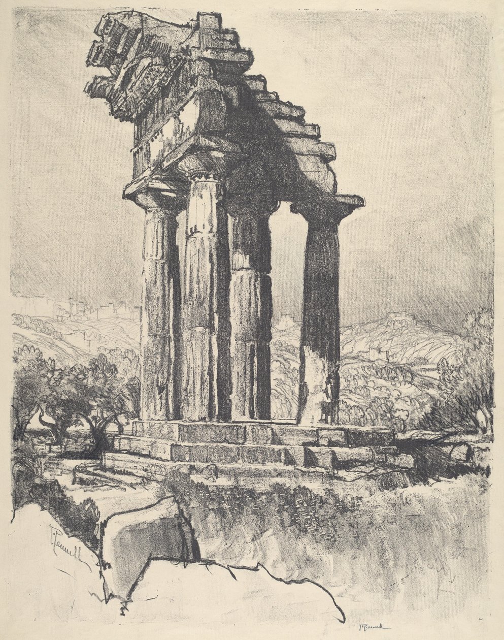 Kolumny Kastora i Polluksa, Girgenti, 1913. autorstwa Joseph Pennell