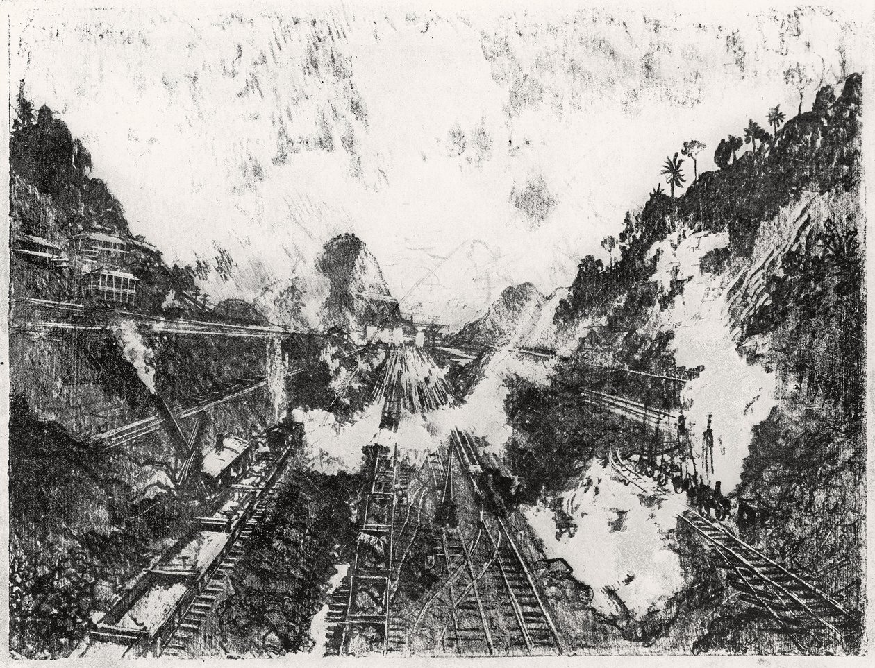 Cięcie Patrząc w stronę Ancon Hill, płyta XVII z Kanału Panamskiego Josepha Pennella, 1912 (węgiel na papierze) autorstwa Joseph Pennell