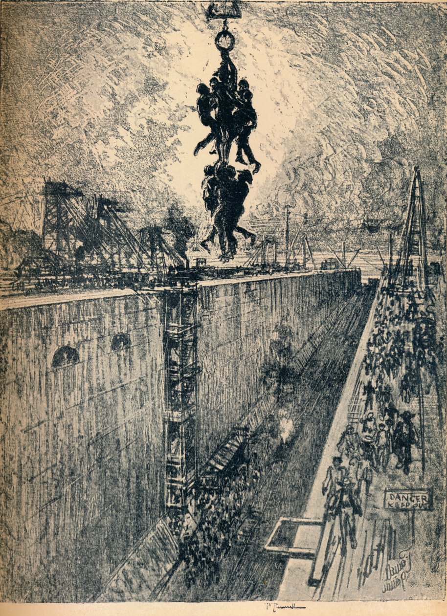 Koniec dnia – śluza Gatun, 1912 autorstwa Joseph Pennell