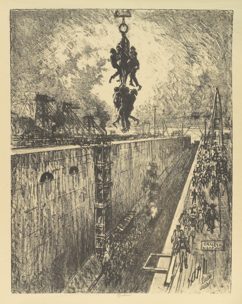 Koniec dnia, śluza Gatun, 1912 autorstwa Joseph Pennell