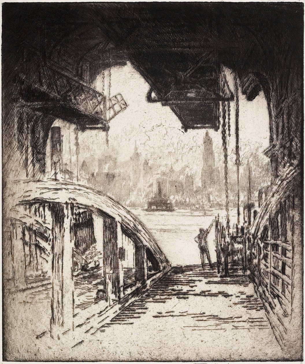 Dom promowy; Prom Cortland Street z Jersey City Side, 1919 autorstwa Joseph Pennell