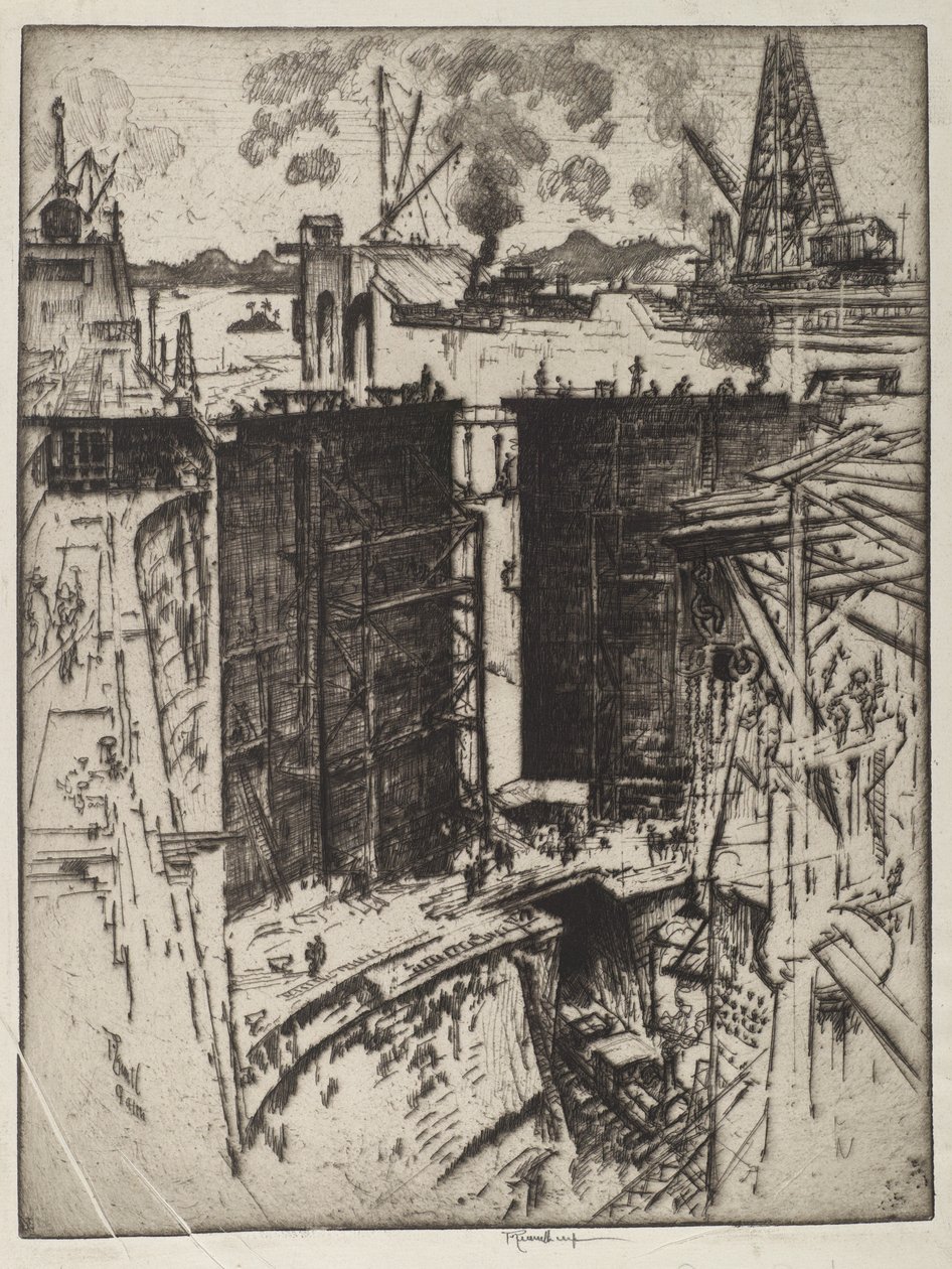Brama Strażnicza, śluza Gatun, Panama, 1912 (akwaforta na papierze) autorstwa Joseph Pennell