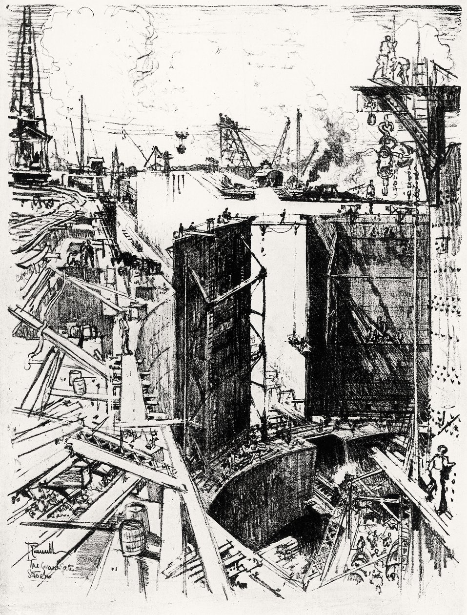 Brama Strażnicza w Gatun, tablica V z Kanału Panamskiego autorstwa Josepha Pennella, 1912 (węgiel na papierze) autorstwa Joseph Pennell