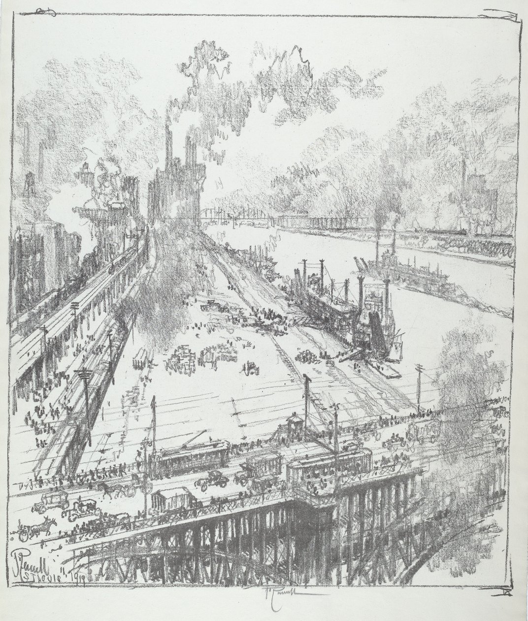Grobla z mostu Eads, St. Louis, 1919. autorstwa Joseph Pennell