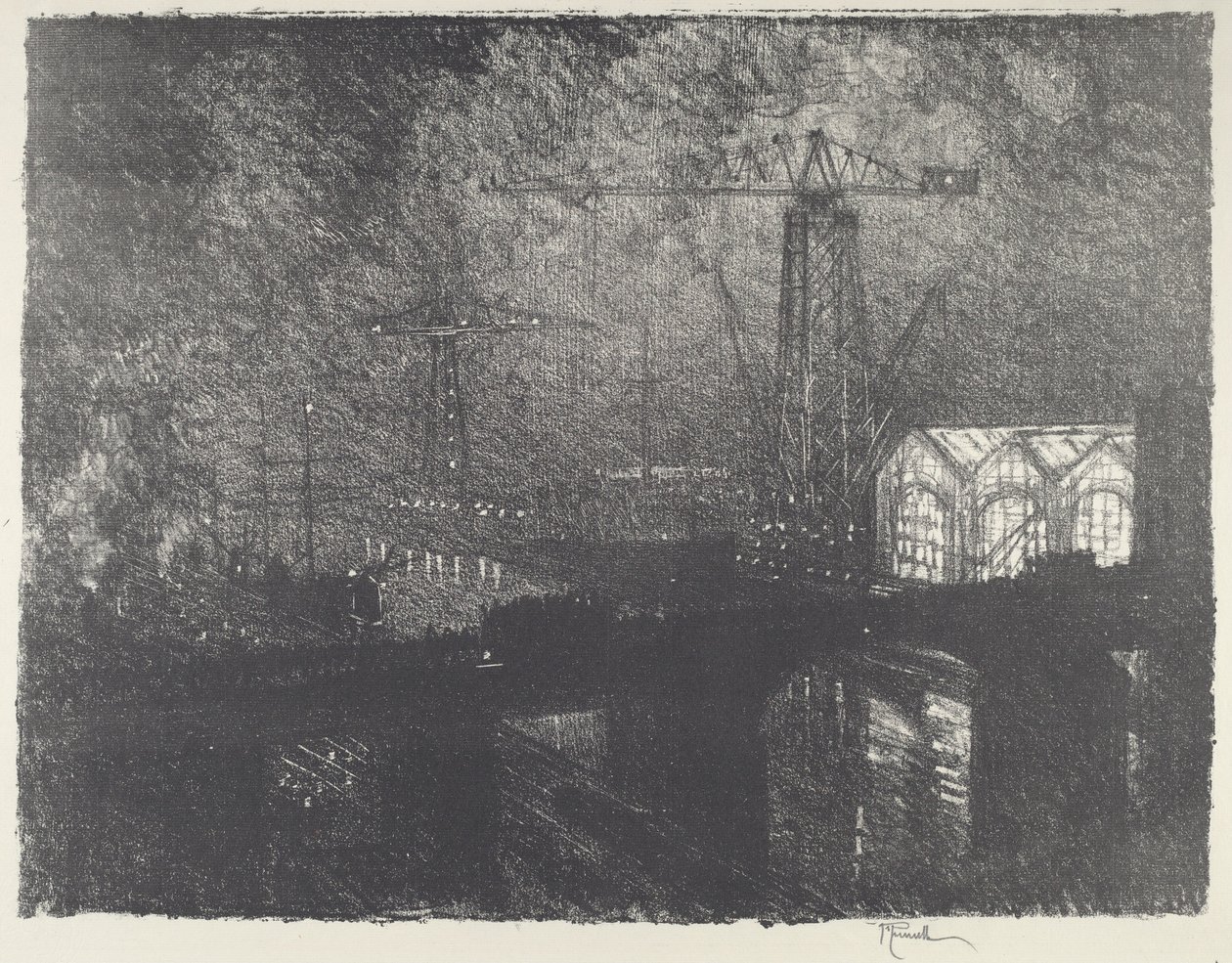 Sklepy w nocy, zmiana zmian, 1916. autorstwa Joseph Pennell