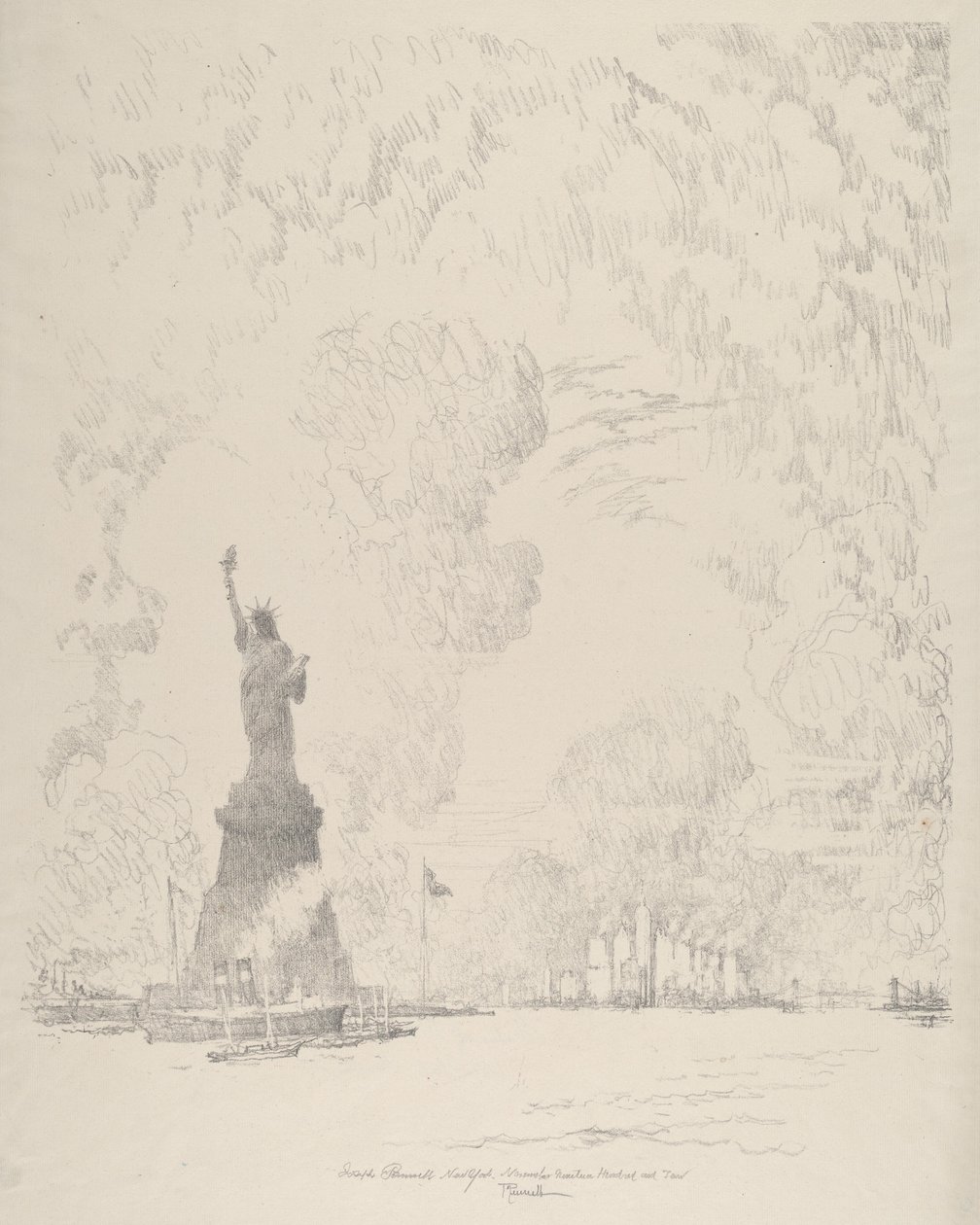 Statua, Zatoka Nowojorska, 1910. autorstwa Joseph Pennell