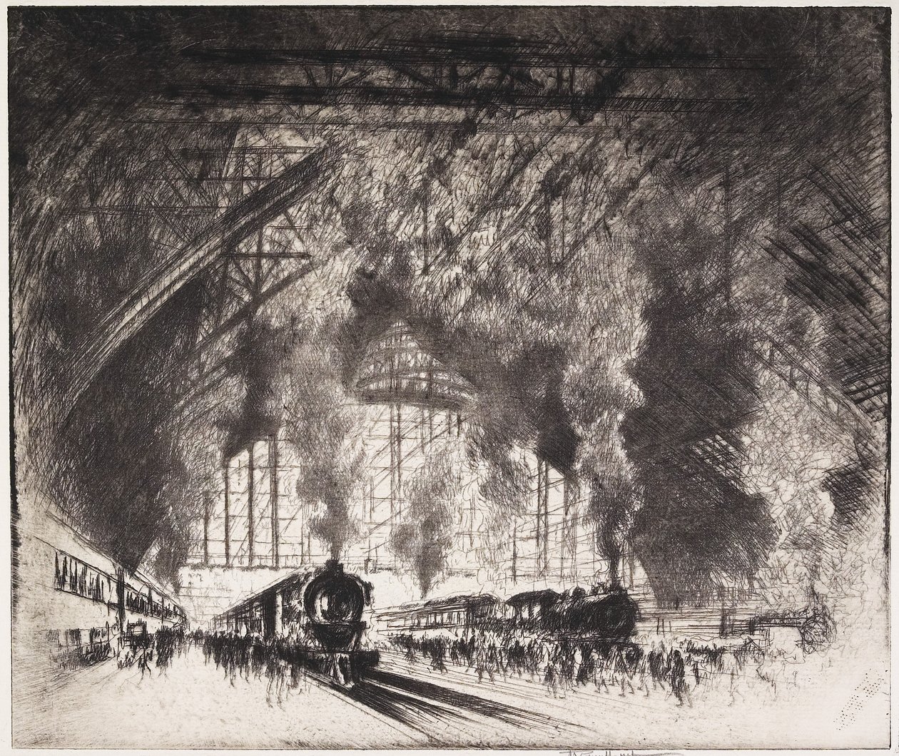 Pociągi, które przyjeżdżają i pociągi, które jeżdżą, Pennsylvania Railroad, Filadelfia, 1919 autorstwa Joseph Pennell