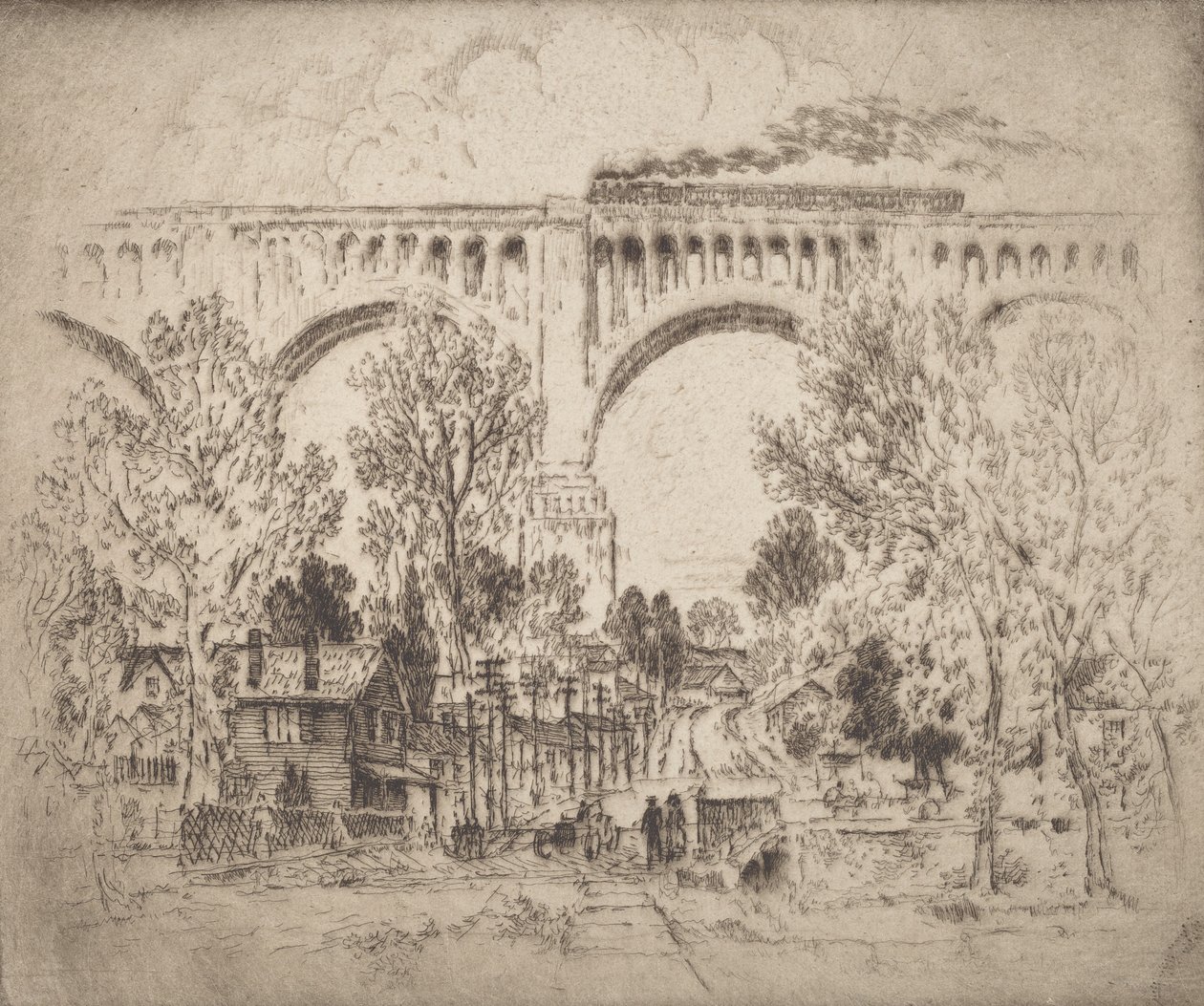 Wiadukt, D., L. & W. w Nicholson, Pa., 1919. autorstwa Joseph Pennell