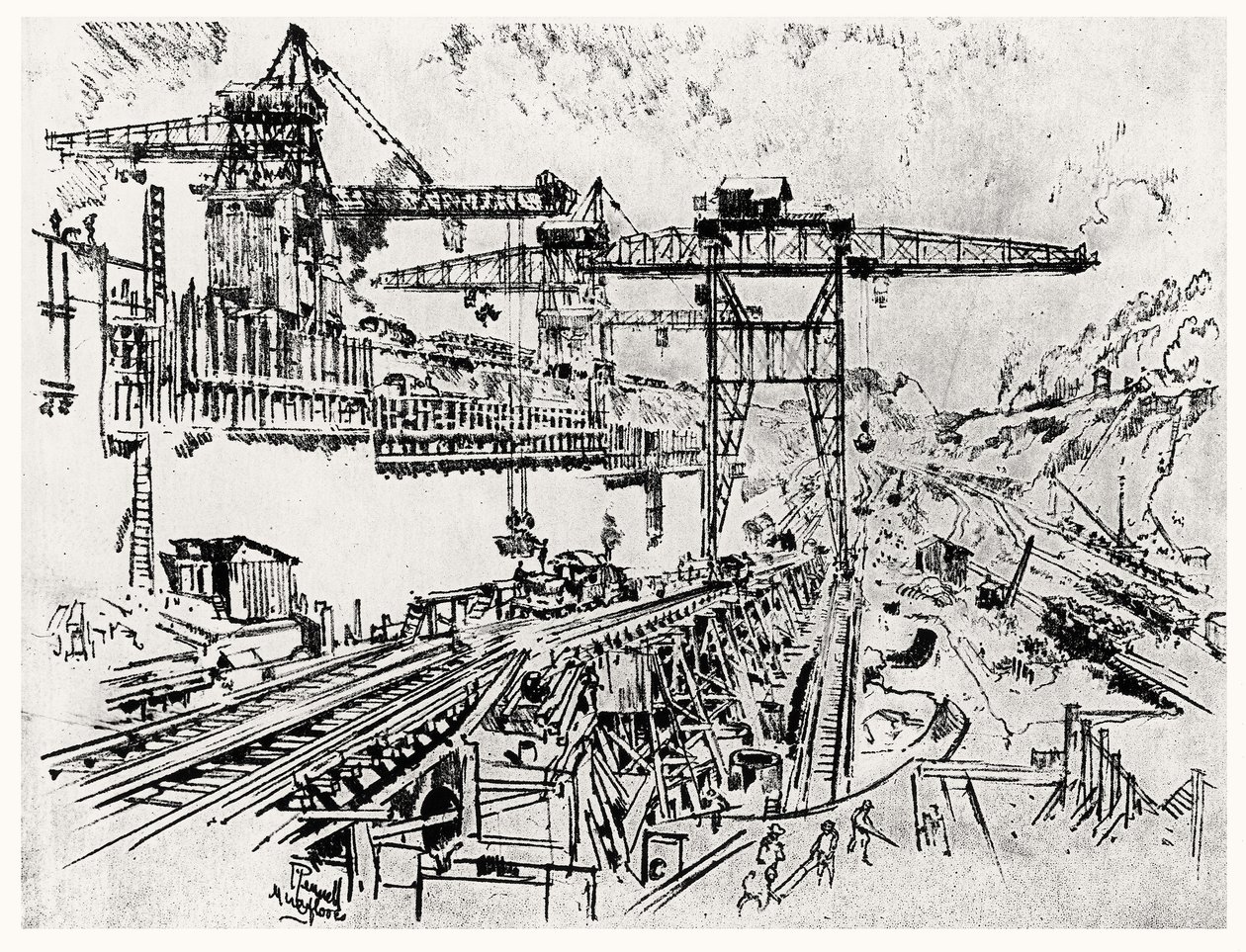 Śluza Mury Miraflores, płyta XXIII z Kanału Panamskiego autorstwa Josepha Pennella, 1912 (węgiel na papierze) autorstwa Joseph Pennell