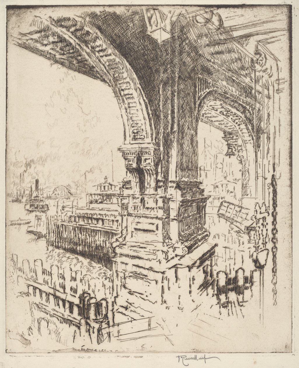 W obrębie promu, Cortlandt Street, Nowy Jork autorstwa Joseph Pennell