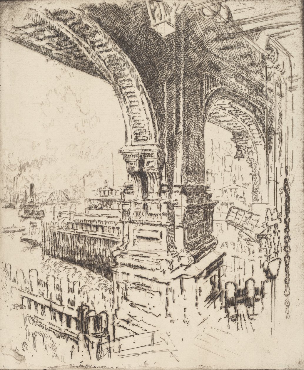 W obrębie promu, Cortlandt Street, Nowy Jork, 1919. autorstwa Joseph Pennell