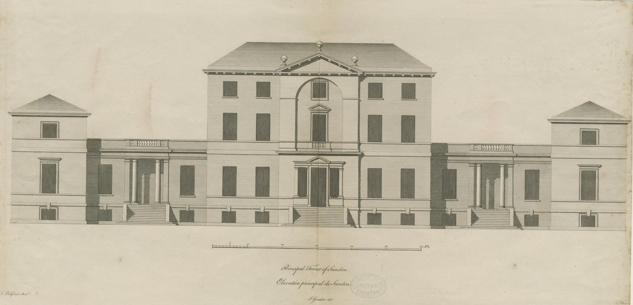 Sandon Hall: grawerowanie, nd [1769-1771] (druk) autorstwa Joseph Pickford