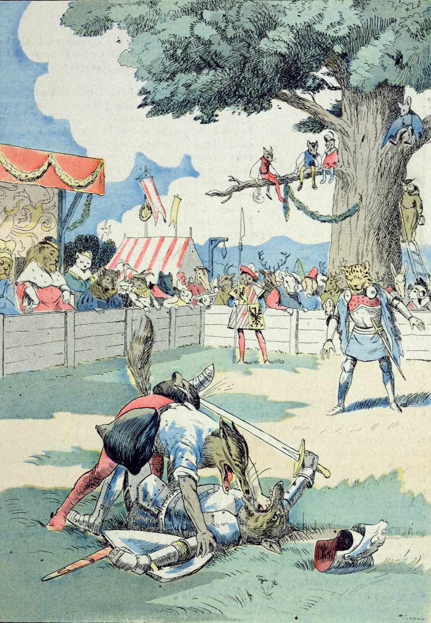Bitwa między Renardem a Ysengrinem, z "Przygód Mistrza Renarda" G. Le Cordiera, ok. 1900 r. (kolorowa litografia) autorstwa Joseph Porphyre Pinchon