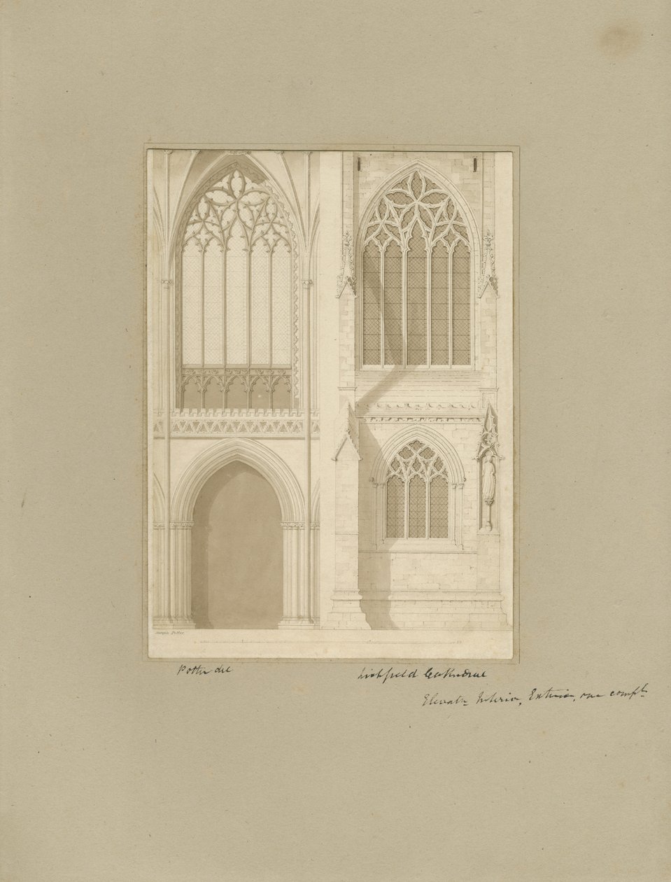 Wnętrze katedry w Lichfield - Chór: rysunek w sepii, [1819] (rysunek) autorstwa Joseph Potter