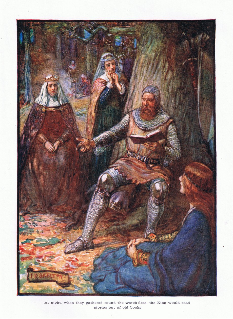 W nocy, kiedy zbierali się wokół ognisk, król czytał historie ze starych ksiąg., 1910 autorstwa Joseph Ratcliffe Skelton