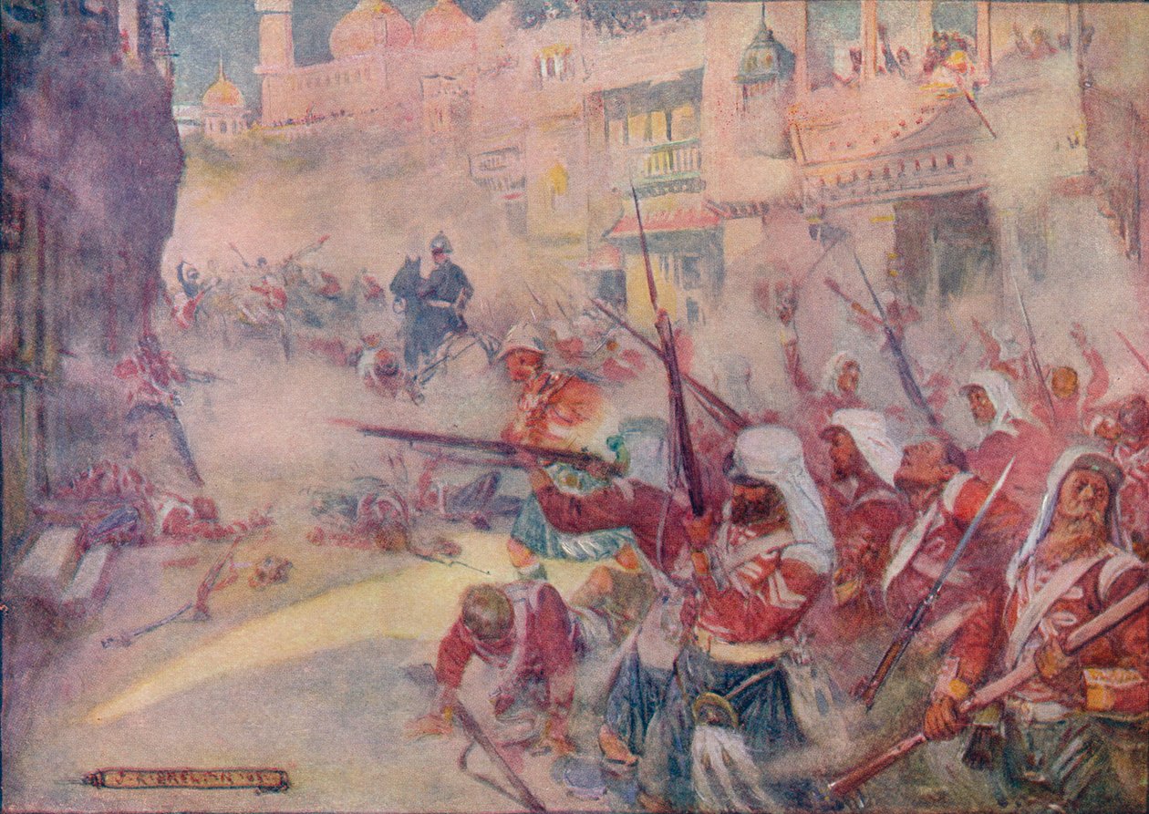 Widziano brytyjskich żołnierzy walczących na ulicach, 1908, c1920. autorstwa Joseph Ratcliffe Skelton