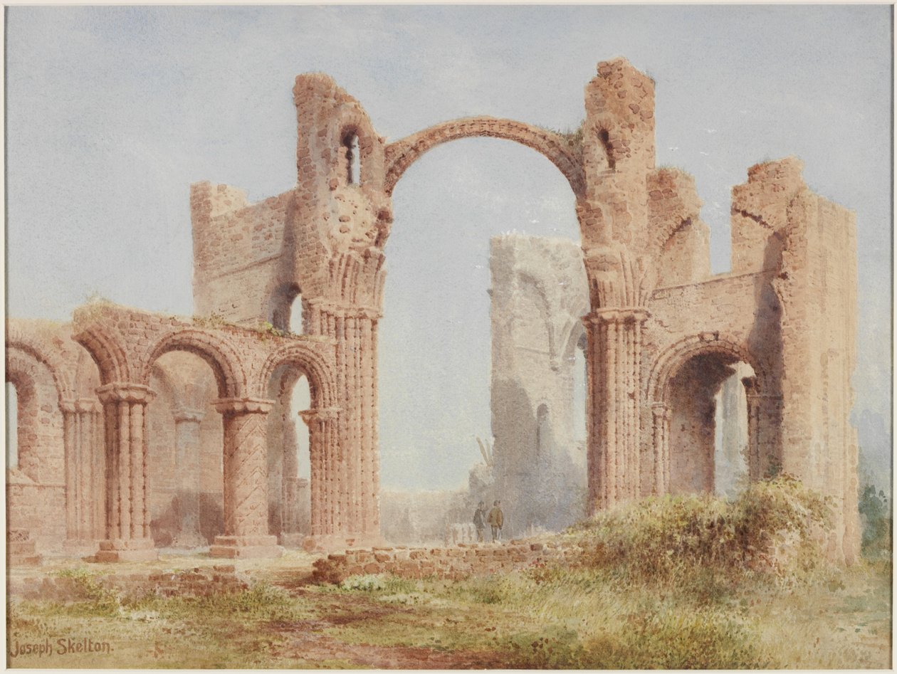 Lindisfarne Priory Ruins (akwarela, farba do ciała i ołówek na papierze) autorstwa Joseph Ratcliffe Skelton