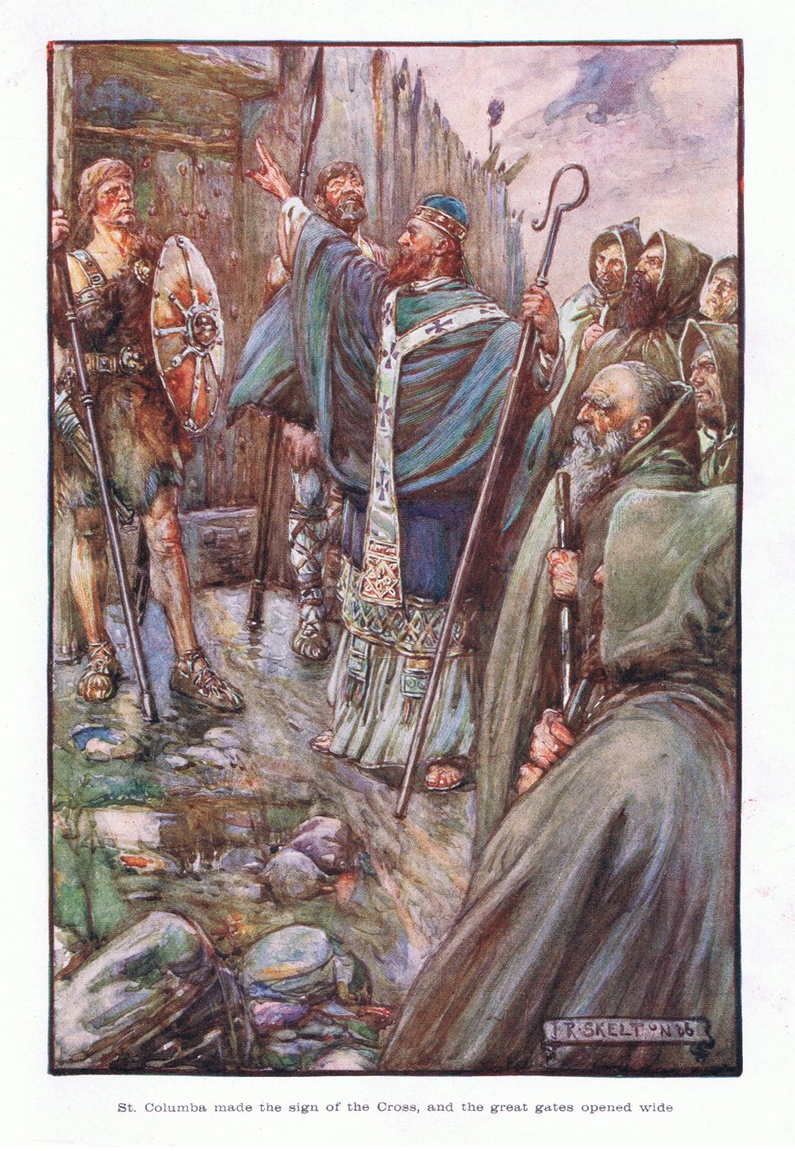 Św. Kolumba uczynił znak krzyża i wielkie bramy otworzyły się szeroko, 1910 autorstwa Joseph Ratcliffe Skelton