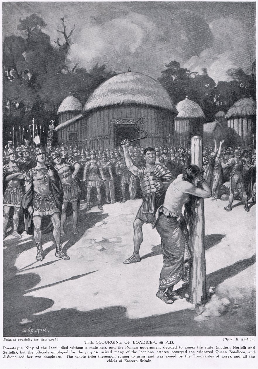Biczowanie Boadicei, ilustracja z „Historia narodów Hutchinsona”, c.1910 autorstwa Joseph Ratcliffe Skelton