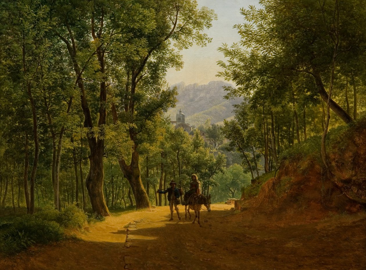 Włoski krajobraz (ścieżka w Cava de´ Tirreni z kościołem Santa Maria Maggiore autorstwa Corpo di Cava i Monte Finestra w tle) autorstwa Joseph Rebell